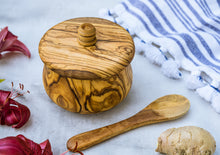 Load image into Gallery viewer, Artisanal: Tunisia: Handcrafted Olive Wood Sugar/Spice Bowl with spoon 2