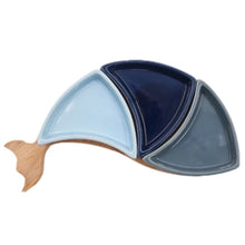 Load image into Gallery viewer, Ceramic Fish Shaped Dish Plate Server Dipping Sauce, Bamboo Board Serving Platter with 3 Ceramic Mini Plates