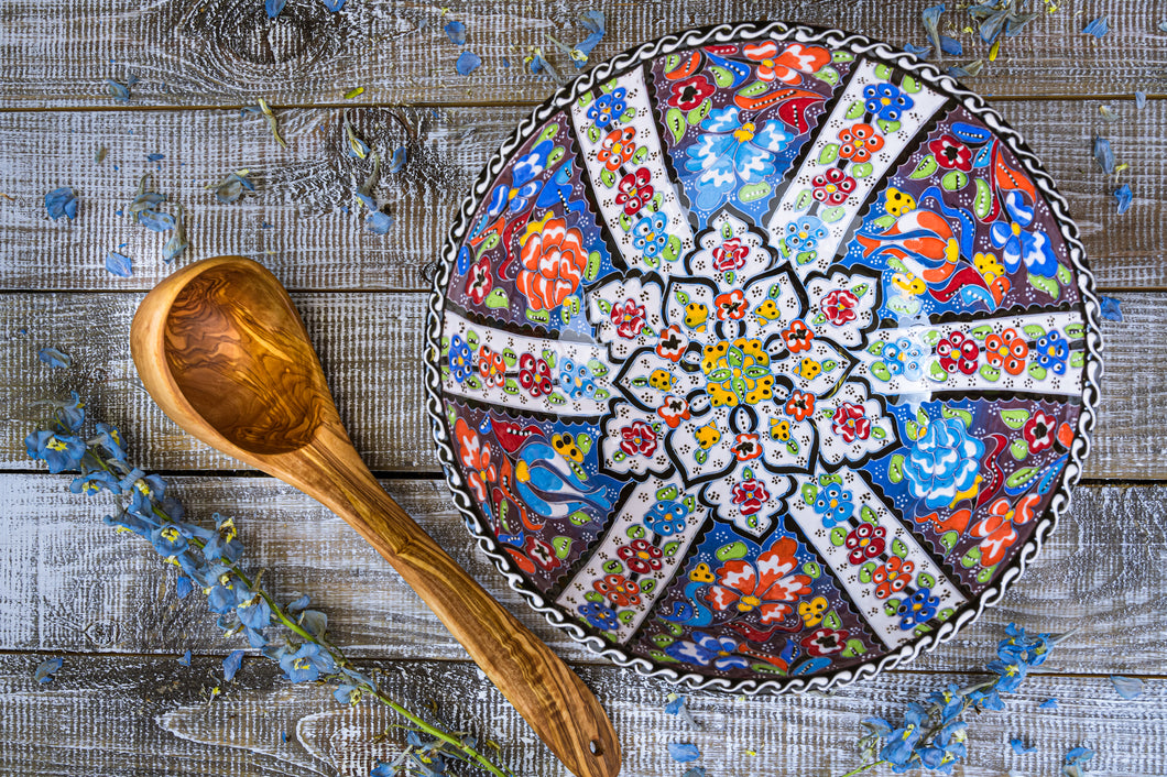 Artisan Box: Turkey/Tunisia Handmade/Hand-painted Ceramic Bowl Server and Hand crafted olive wood soup ladle