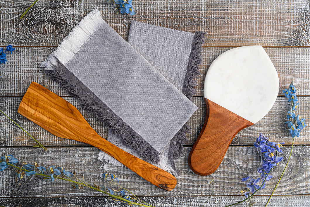 Artisan Box:  India/Tunisia Handmade spoon rest, tea towel set, olive wood spatula