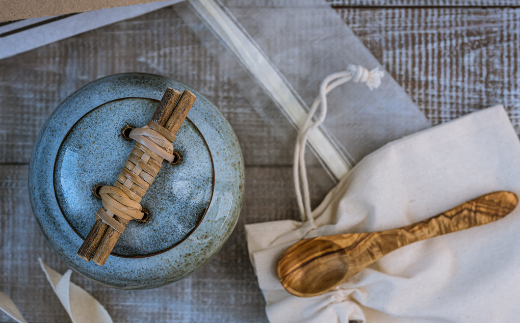 Artisan Box:  India/Tunisia Handmade canister with wooden handle, olive wood spoon