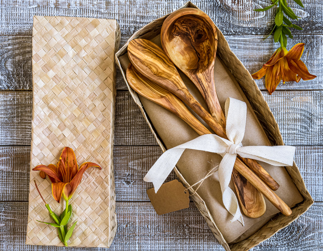 Artisan Box:  Tunisia/Philippines Handcrafted olive wood utensils  in handwoven buri box gift set