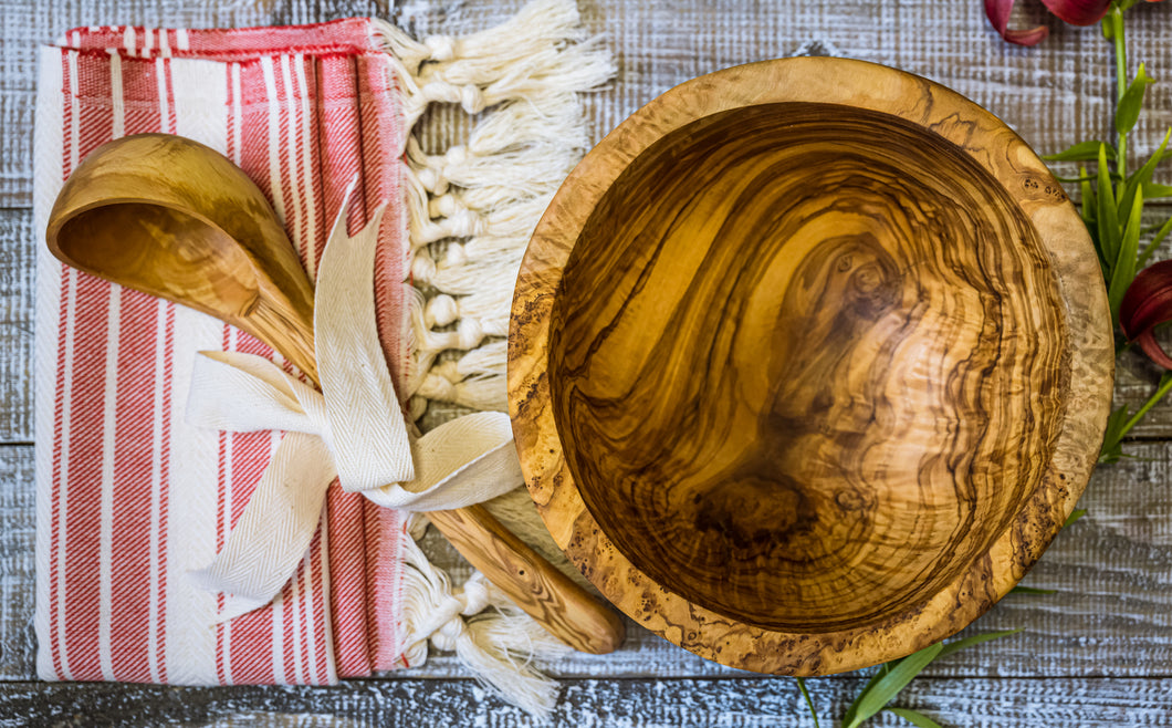 Artisan Box: Tunisia/Turkey :Olive Wood Salad/Soup Bowl, soup ladle  and handwoven hand towel