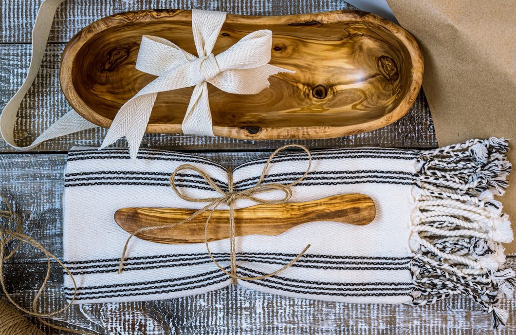 Artisan Box: Tunisia Olive Wood Bread/Fruit/Side Dishes Server, butter knife and handwoven hand/kitchen towel