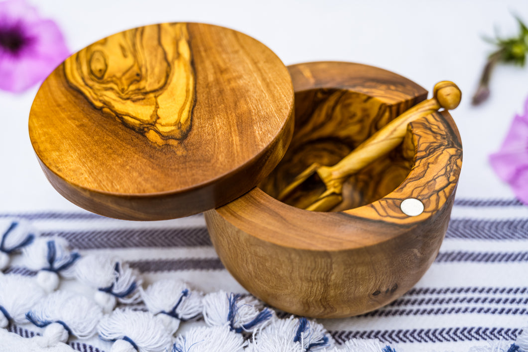 Artisanal: Tunisia:  Handcrafted  Olive Wood Sugar/Spice Bowl with scooper
