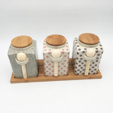 Load image into Gallery viewer, Ceramic Canister set of 3 with wooden spoon
