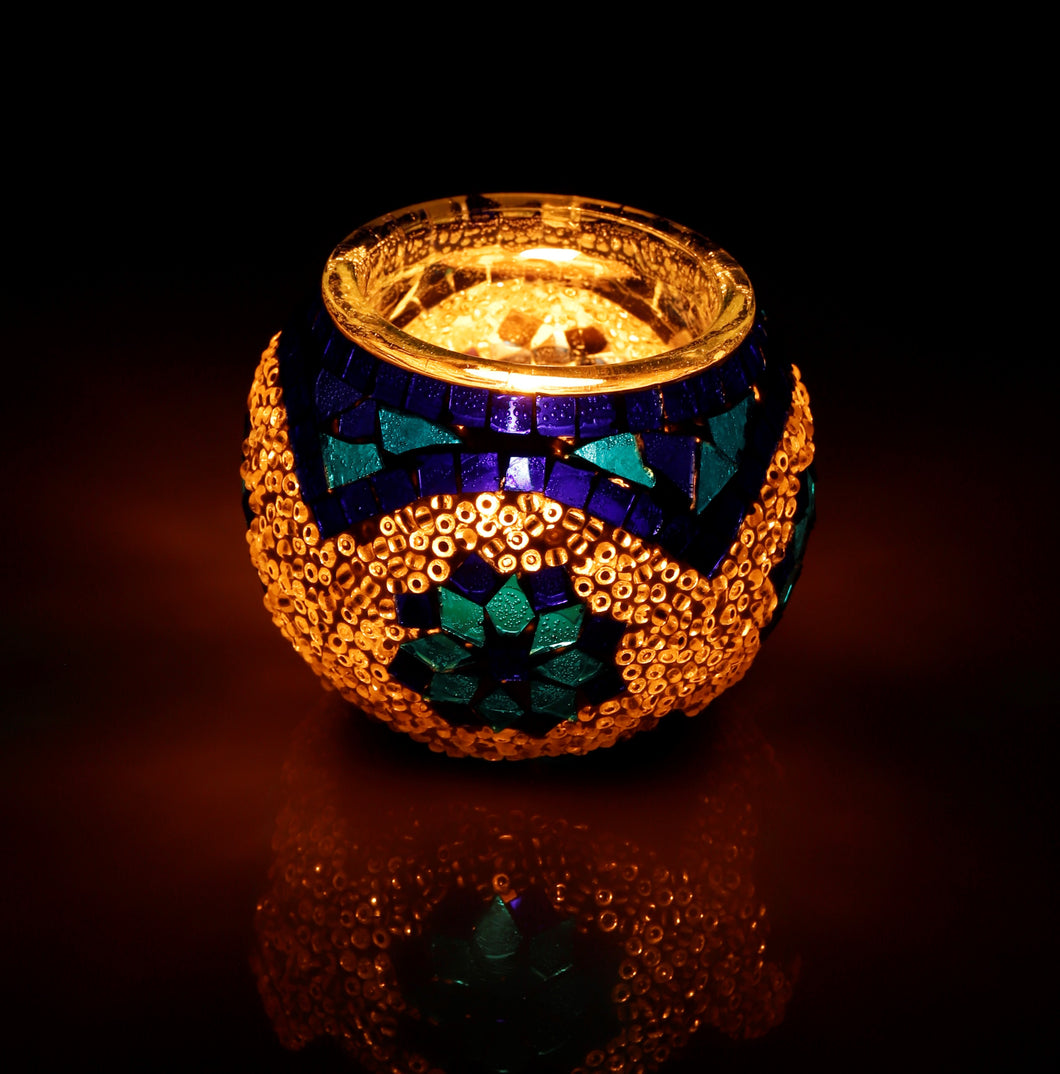 Artisanal: Turkey:  Handmade Candle Holder Mosaic Blue Flower