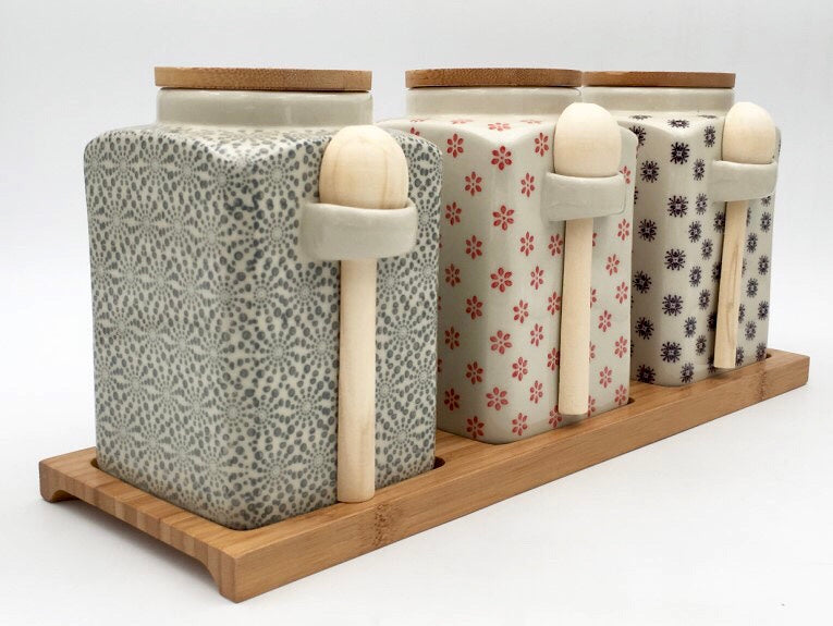 Ceramic Canister set of 3 with wooden spoon